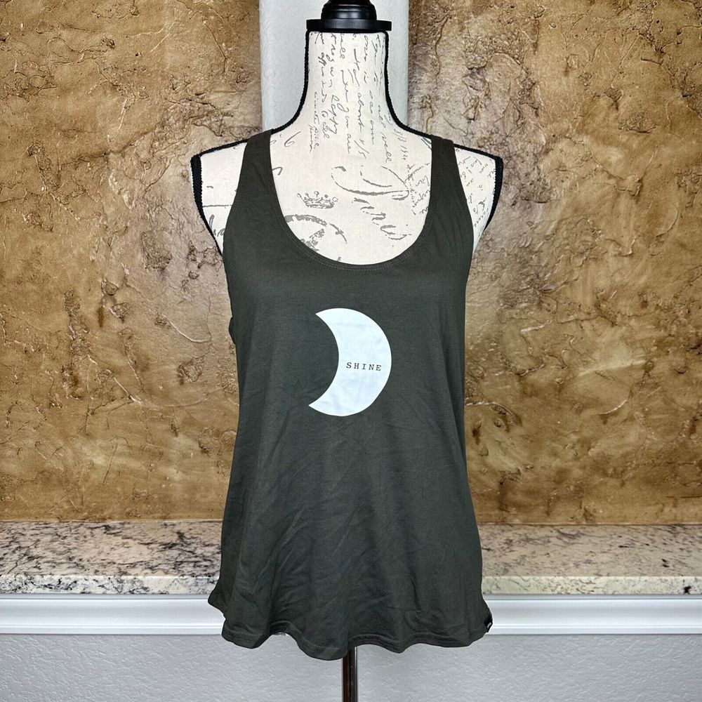 Prana Olive Green Tank Top with White Moon Graphic